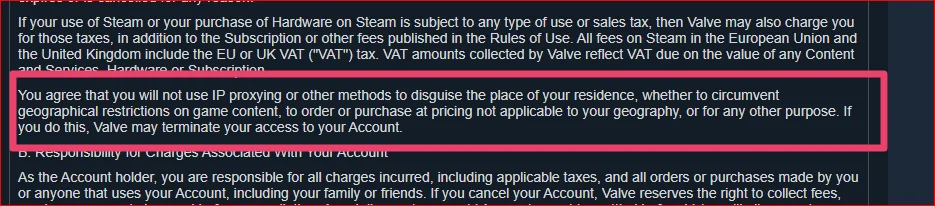 Steam terms highlighting a clause prohibiting IP proxying to bypass geographical restrictions or pricing rules, with a warning about account termination.