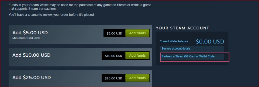 Steam Wallet fund options with a highlighted "Redeem a Steam Gift Card or Wallet Code" link.